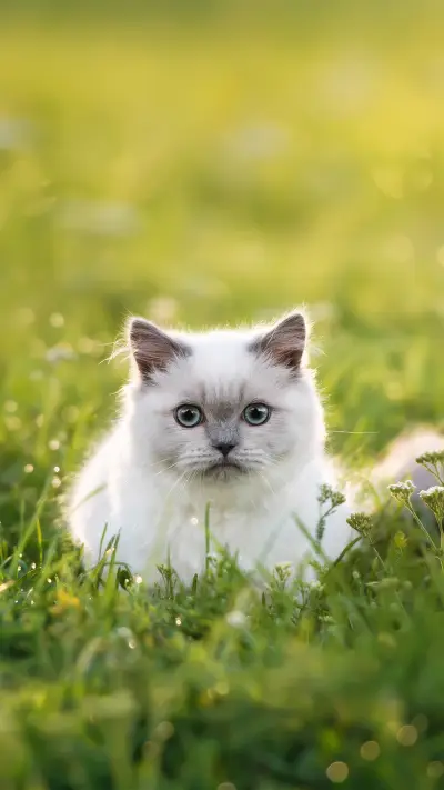 An Adorable Kitten Sitting in Grass at Sunrise