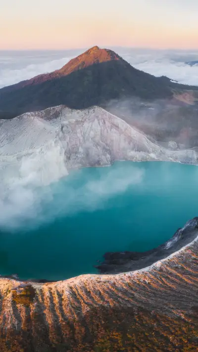 Aerial view of sunrise at an Indonesian volcano