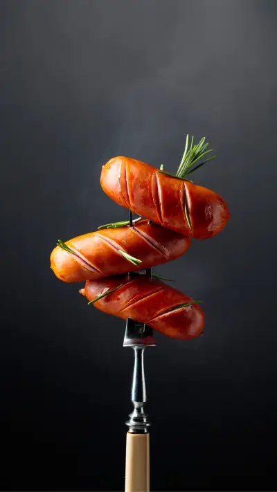 German bratwurst with crispy skin and rosemary