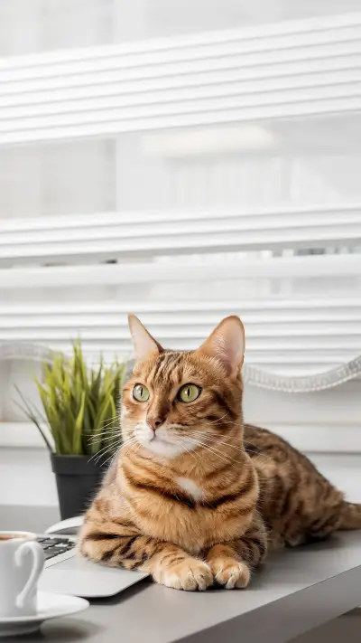 A domestic Bengal cat sits on a table next to a laptop