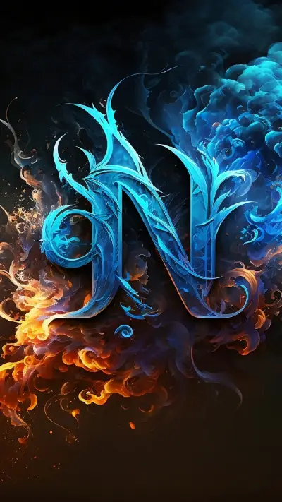 Logo with letter N covered in smoke and flames in blue