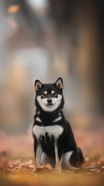 A Cute Young Dog Sitting Among The Fallen Red Leaves