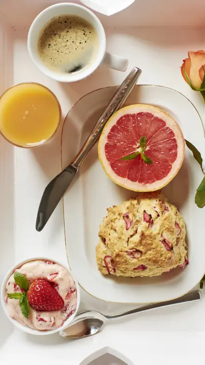 Tray with homemade rhubarb scones strawberry butter - Screenshot 1