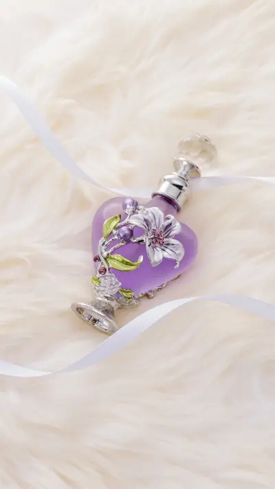 Perfume Bottle Charm, Purple Heart with Green Floral Twist