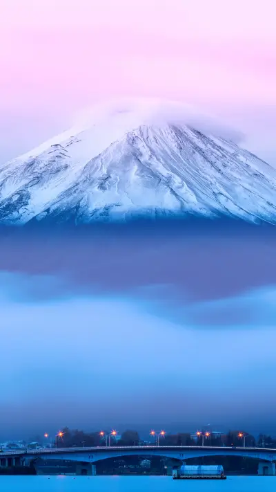 Mount Fuji at dusk by Lake Kawaguchi in Japan
