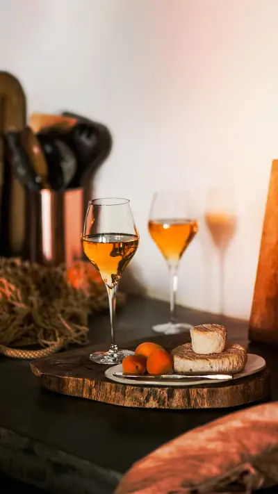 Orange or Amber wine in wineglass and appetizers snacks