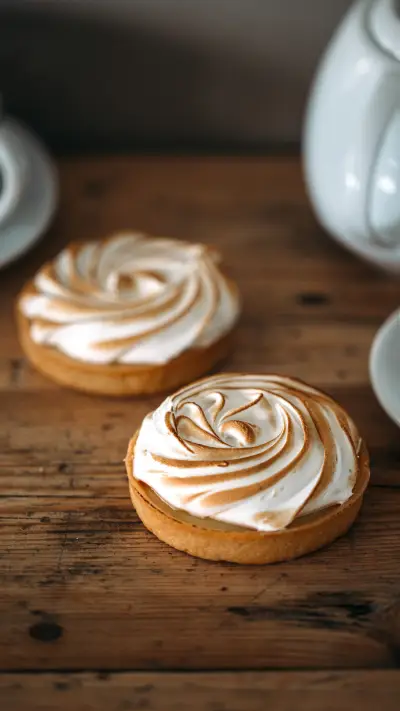 Tartlet with lemon cream and meringue on wooden background