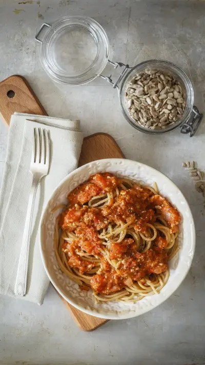 Spelt whole grain spaghetti with vegan bolognese made of