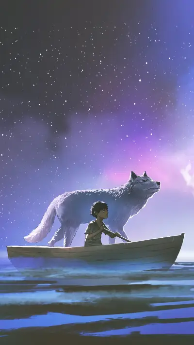 Boy Rowing a Boat with His Wolf among the Stars