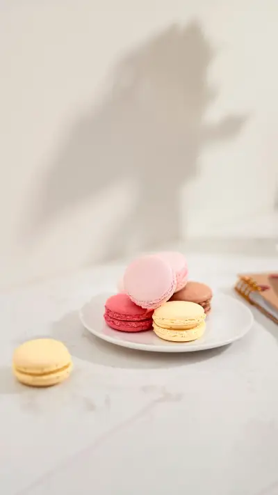 Hortensia bouquet with French macarons in sunlight