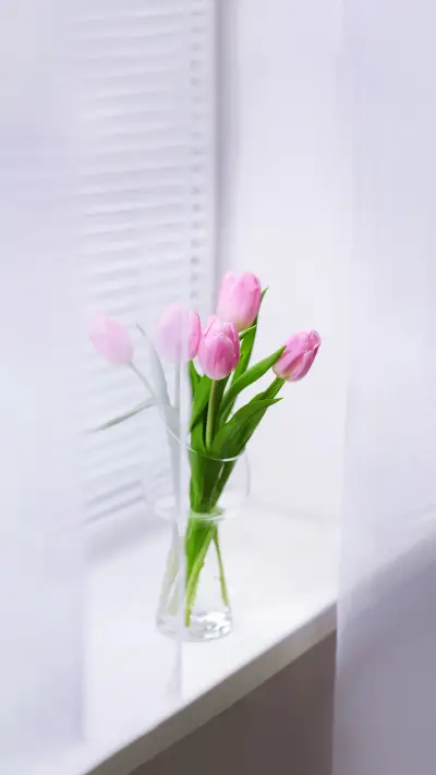 Beautiful pink tulips in glass vase on windowsill background - Screenshot 1