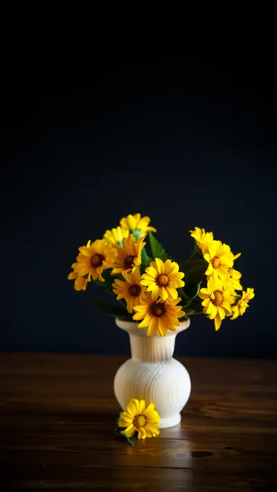 Bouquet of yellow big daisies on a black