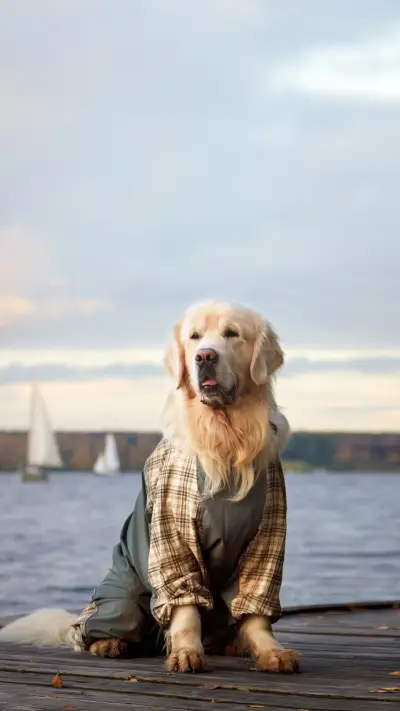 Beautiful big golden retriever dog in coat at the lake shore