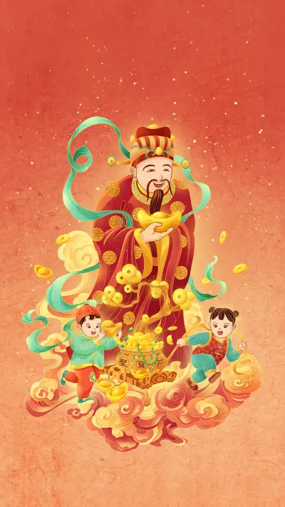 Painting on folk customs welcoming the god of wealth on