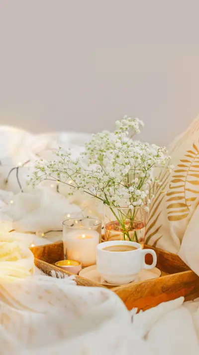 Wooden Tray of Coffee and Candles with Flowers
