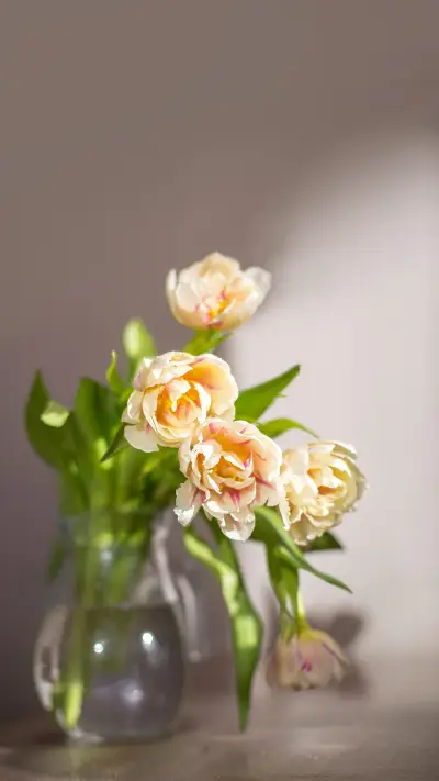 Bouquet of tulips in glass vase under the table