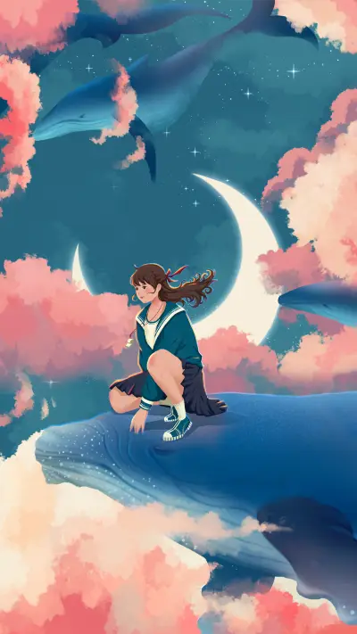 Japanese Illustration of a Girl Flying on a Whale - Screenshot 1