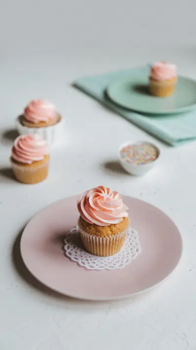 Colorful pastel butter cream cupcakes on white table