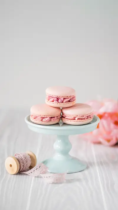 Pink French Macarons on a Stand with flowers
