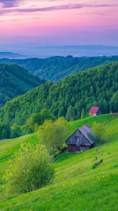 Wooden huts on the hill in the wilderness