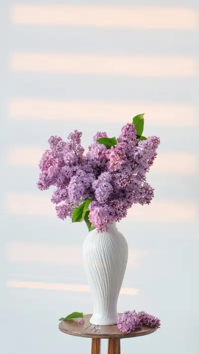 Lilac flowers in white vase on background white wall - Screenshot 1