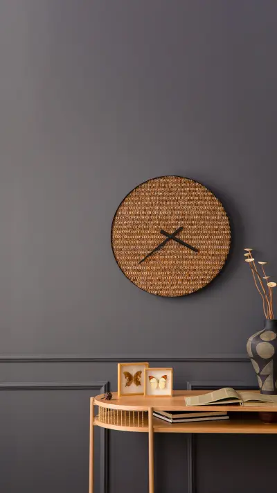 Minimalist living room interior with wooden desk