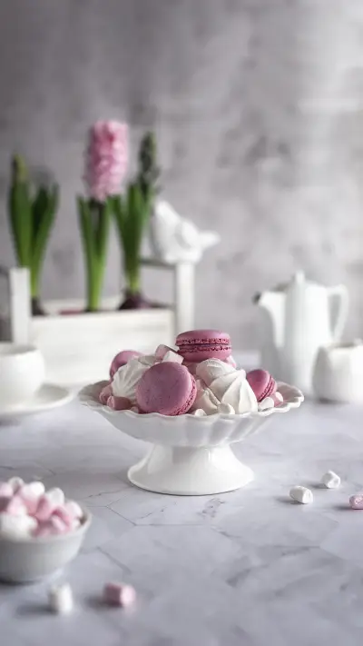 Marshmallows and macaroons in a white porcelain vase