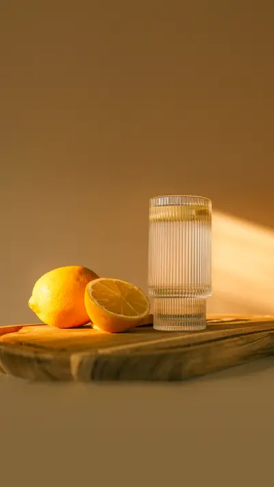 Glass of water with lemon, good morning concept