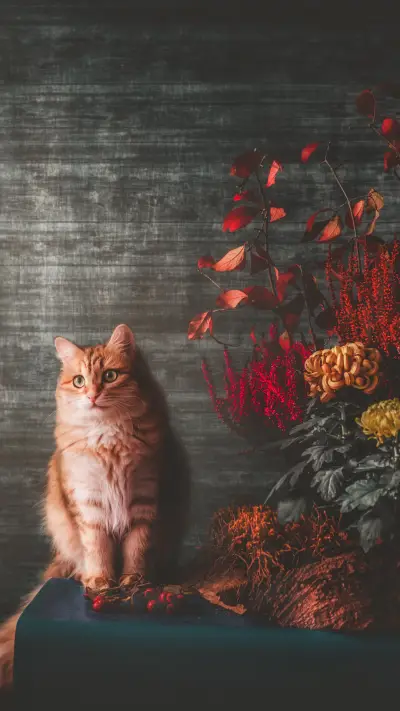 Turmeric cat holding autumn flowers