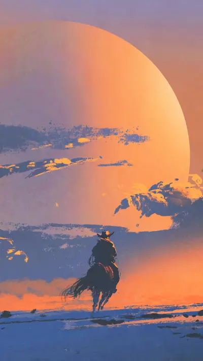 Cowboy Riding A Horse Towards The Sunset