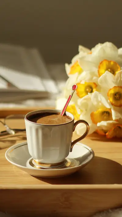 Fresh coffee in the bed. Good morning concept