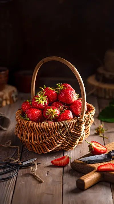 Fresh strawberries in a wicker basket
