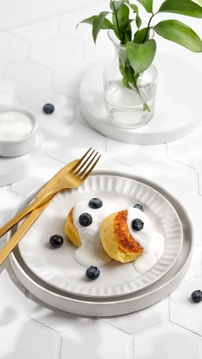 Summer sunny breakfast with dessert. Creative and minimalism