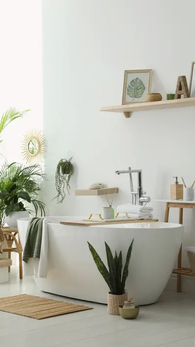 Bathroom with Modern Tub, Houseplants and Beautiful Decor