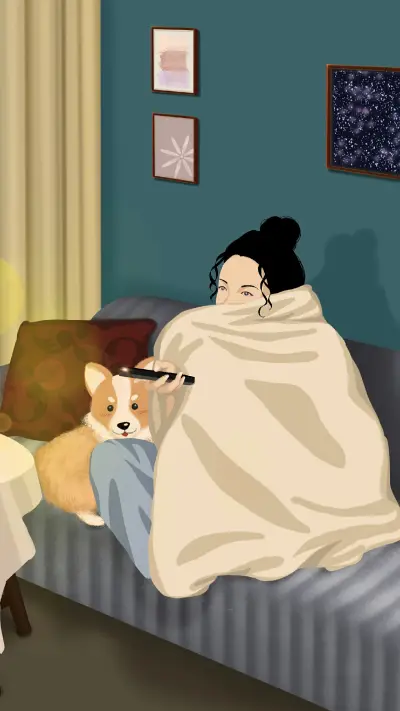 Girl and dog sitting on the sofa watching TV