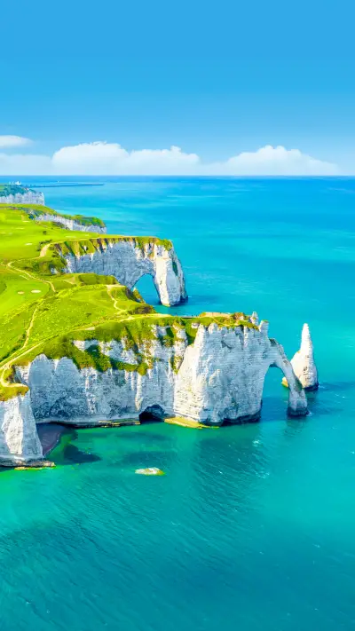 Aerial view of the beautiful cliffs of Etretat