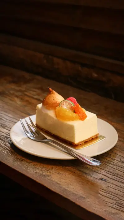 Slice of cheesecake with fresh fruits and berries on plate