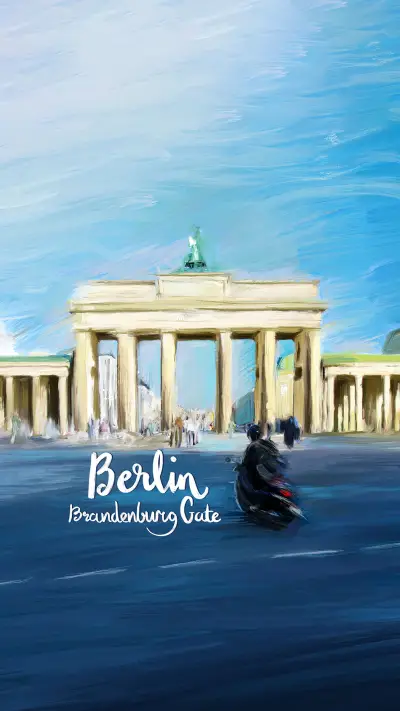 Blue-toned painting of the Brandenburg Gate