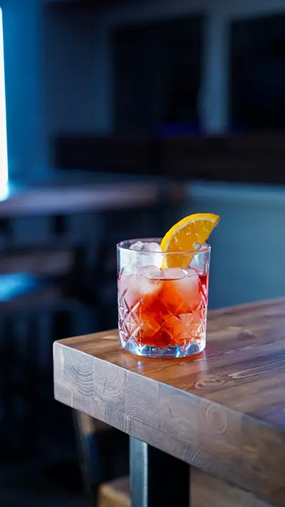 Bitter citrus negroni on a wooden bar counter
