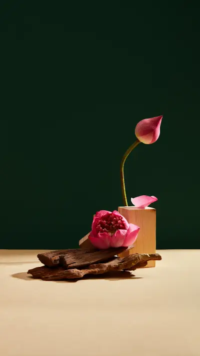 A lotus flower and bud adorn a wooden podium