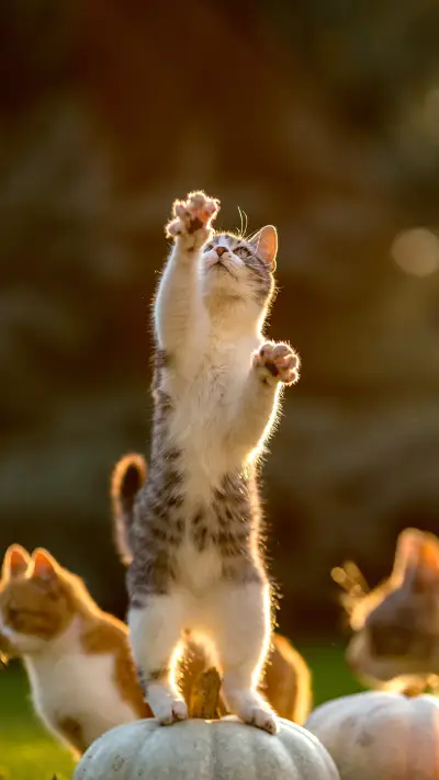 Cute kittens play around pumpkins on autumn meadow grass - Screenshot 1