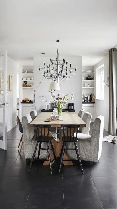 Modern dining set on dark grey tiled floor WALLPAPER for Xiaomi MIUI HyperOS