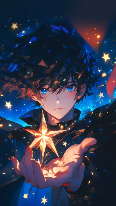 A anime cartoon boy holding stars