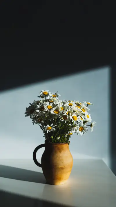 On a white table in the sun is a clay jug